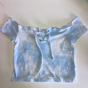 Blue&White tye dye off the shoulder crop top
